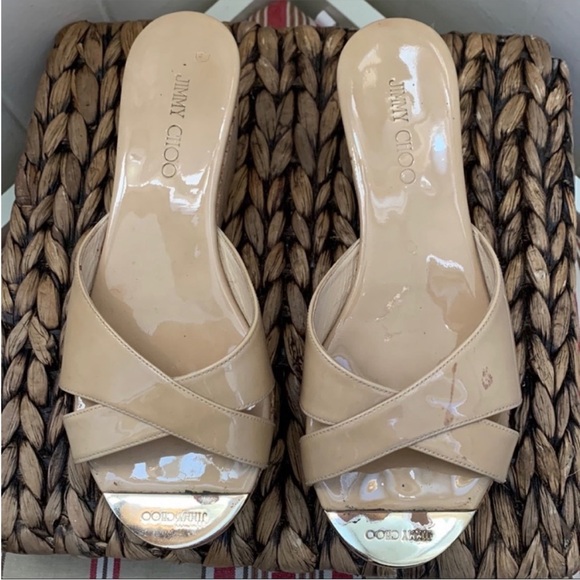 Jimmy Choo Prima Patent Leather Cork Wedge Sandal in Nude - Picture 9 of 15
